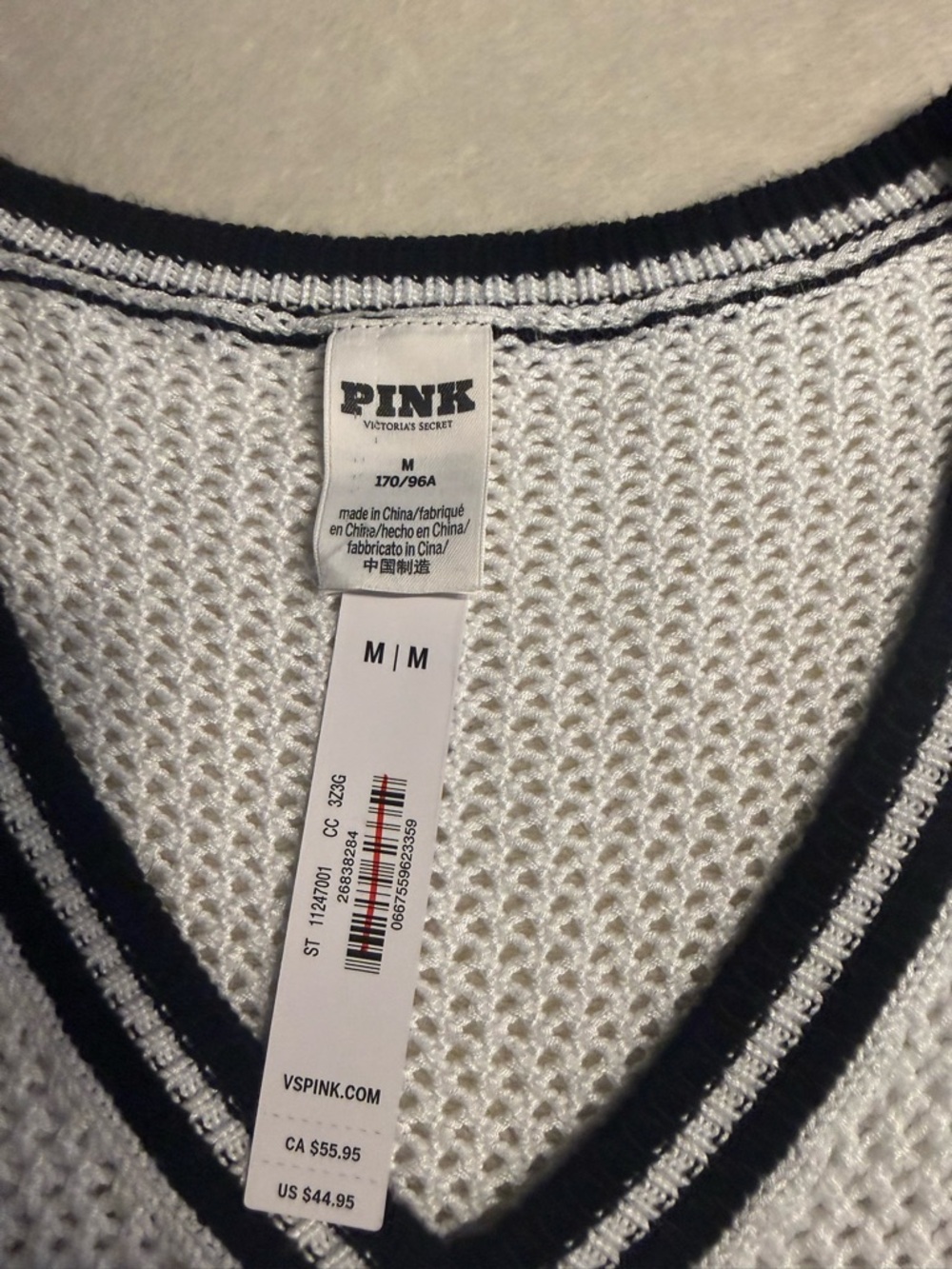 PINK Victoria's Secret White Open-Knit V-Neck Sweater with Black Trim